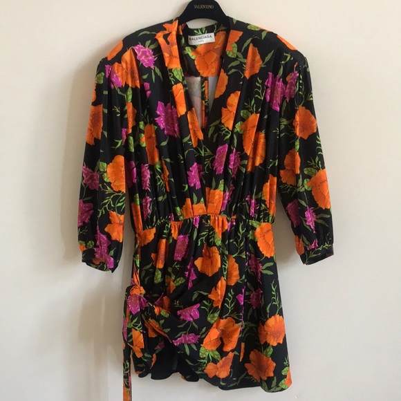 BALENCIAGA Floral Asymmetrical Hem Pleated Bunched Waist Mini Dress - Picture 6 of 9